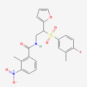 molecular formula C21H19FN2O6S B2443844 N-(2-((4-氟-3-甲基苯基)磺酰基)-2-(呋喃-2-基)乙基)-2-甲基-3-硝基苯甲酰胺 CAS No. 897620-42-7