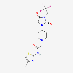 molecular formula C16H20F3N5O3S B2443852 2-{4-[2,4-二氧代-3-(2,2,2-三氟乙基)咪唑烷-1-基]哌啶-1-基}-N-(4-甲基-1,3-噻唑-2-基)乙酰胺 CAS No. 2097913-73-8