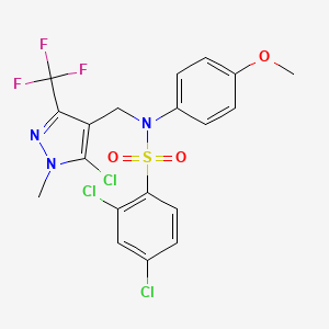 molecular formula C19H15Cl3F3N3O3S B2443895 2,4-dichloro-N-[[5-chloro-1-methyl-3-(trifluoromethyl)pyrazol-4-yl]methyl]-N-(4-methoxyphenyl)benzenesulfonamide CAS No. 957041-78-0