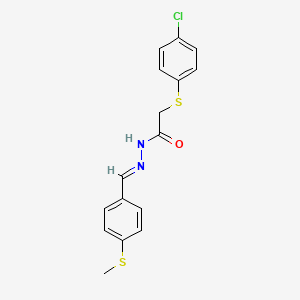 molecular formula C16H15ClN2OS2 B2443914 2-[(4-chlorophenyl)sulfanyl]-N'-[(1E)-[4-(methylsulfanyl)phenyl]methylidene]acetohydrazide CAS No. 303091-15-8