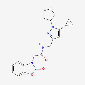 molecular formula C21H24N4O3 B2443951 N-((1-cyclopentyl-5-cyclopropyl-1H-pyrazol-3-yl)methyl)-2-(2-oxobenzo[d]oxazol-3(2H)-yl)acetamide CAS No. 1448033-44-0
