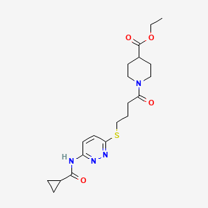 molecular formula C20H28N4O4S B2443971 Ethyl 1-(4-((6-(cyclopropanecarboxamido)pyridazin-3-yl)thio)butanoyl)piperidine-4-carboxylate CAS No. 1040647-91-3