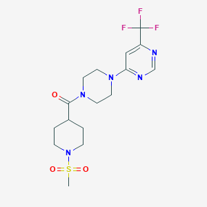 molecular formula C16H22F3N5O3S B2444016 (1-(Methylsulfonyl)piperidin-4-yl)(4-(6-(trifluoromethyl)pyrimidin-4-yl)piperazin-1-yl)methanone CAS No. 2034342-44-2