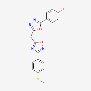 molecular formula C18H13FN4O2S B2444021 5-((5-(4-Fluorophenyl)-1,3,4-oxadiazol-2-yl)methyl)-3-(4-(methylthio)phenyl)-1,2,4-oxadiazole CAS No. 1251587-13-9