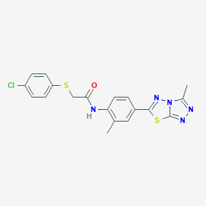 2-[(4-chlorophenyl)sulfanyl]-N-[2-methyl-4-(3-methyl[1,2,4]triazolo[3,4-b][1,3,4]thiadiazol-6-yl)phenyl]acetamide