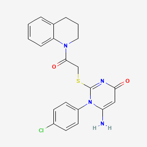 molecular formula C21H19ClN4O2S B2444104 6-amino-1-(4-chlorophenyl)-2-((2-(3,4-dihydroquinolin-1(2H)-yl)-2-oxoethyl)thio)pyrimidin-4(1H)-one CAS No. 872629-90-8