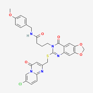molecular formula C30H26ClN5O6S B2444254 4-(6-(((7-chloro-4-oxo-4H-pyrido[1,2-a]pyrimidin-2-yl)methyl)thio)-8-oxo-[1,3]dioxolo[4,5-g]quinazolin-7(8H)-yl)-N-(4-methoxybenzyl)butanamide CAS No. 688059-99-6