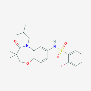 molecular formula C21H25FN2O4S B2444273 2-fluoro-N-(5-isobutyl-3,3-dimethyl-4-oxo-2,3,4,5-tetrahydrobenzo[b][1,4]oxazepin-7-yl)benzenesulfonamide CAS No. 922057-36-1