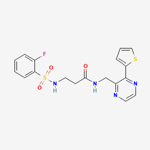 molecular formula C18H17FN4O3S2 B2444302 3-(2-氟苯磺酰氨基)-N-((3-(噻吩-2-基)吡嗪-2-基)甲基)丙酰胺 CAS No. 2034612-70-7