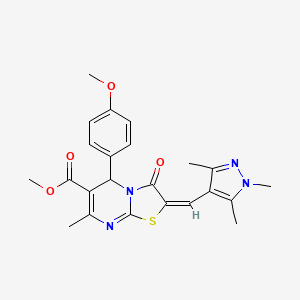 (E)-methyl 5-(4-methoxyphenyl)-7-methyl-3-oxo-2-((1,3,5-trimethyl-1H-pyrazol-4-yl)methylene)-3,5-dihydro-2H-thiazolo[3,2-a]pyrimidine-6-carboxylate