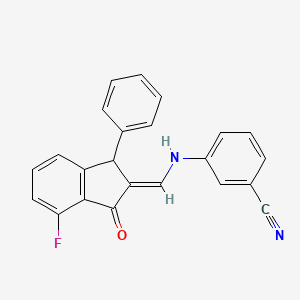 molecular formula C23H15FN2O B2444354 3-{[(4-fluoro-3-oxo-1-phenyl-1,3-dihydro-2H-inden-2-yliden)methyl]amino}benzenecarbonitrile CAS No. 338420-87-4