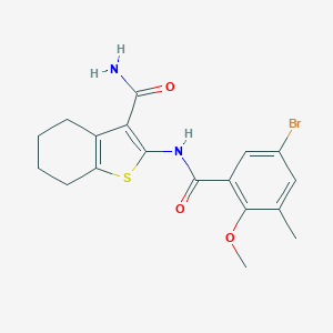 molecular formula C18H19BrN2O3S B244438 2-[(5-Bromo-2-methoxy-3-methylbenzoyl)amino]-4,5,6,7-tetrahydro-1-benzothiophene-3-carboxamide 