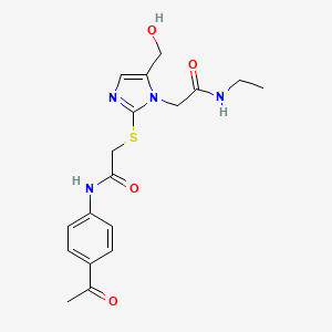 molecular formula C18H22N4O4S B2444439 2-[2-({2-[(4-acetylphenyl)amino]-2-oxoethyl}thio)-5-(hydroxymethyl)-1H-imidazol-1-yl]-N-ethylacetamide CAS No. 923244-78-4