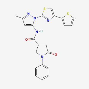 molecular formula C22H19N5O2S2 B2444456 N-(3-methyl-1-(4-(thiophen-2-yl)thiazol-2-yl)-1H-pyrazol-5-yl)-5-oxo-1-phenylpyrrolidine-3-carboxamide CAS No. 1170646-25-9