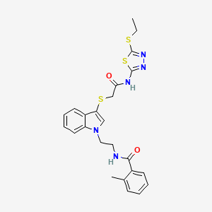 molecular formula C24H25N5O2S3 B2444495 N-[2-[3-[2-[(5-ethylsulfanyl-1,3,4-thiadiazol-2-yl)amino]-2-oxoethyl]sulfanylindol-1-yl]ethyl]-2-methylbenzamide CAS No. 532970-41-5