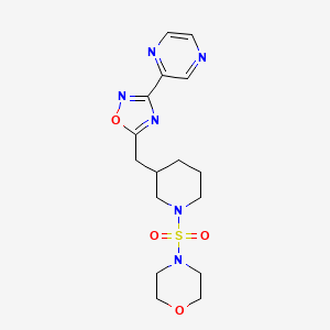 molecular formula C16H22N6O4S B2444501 4-((3-((3-(Pyrazin-2-yl)-1,2,4-oxadiazol-5-yl)methyl)piperidin-1-yl)sulfonyl)morpholine CAS No. 1705209-82-0