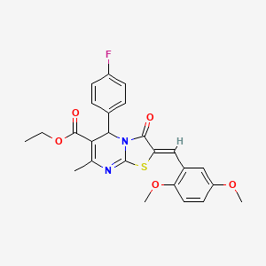 molecular formula C25H23FN2O5S B2444571 (Z)-ethyl 2-(2,5-dimethoxybenzylidene)-5-(4-fluorophenyl)-7-methyl-3-oxo-3,5-dihydro-2H-thiazolo[3,2-a]pyrimidine-6-carboxylate CAS No. 306942-75-6