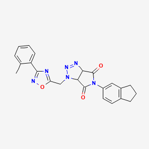 molecular formula C23H20N6O3 B2444576 5-(2,3-ジヒドロ-1H-インデン-5-イル)-1-{[3-(2-メチルフェニル)-1,2,4-オキサジアゾール-5-イル]メチル}-1H,3aH,4H,5H,6H,6aH-ピロロ[3,4-d][1,2,3]トリアゾール-4,6-ジオン CAS No. 1171007-01-4