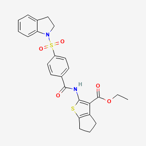 molecular formula C25H24N2O5S2 B2444582 ethyl 2-(4-(indolin-1-ylsulfonyl)benzamido)-5,6-dihydro-4H-cyclopenta[b]thiophene-3-carboxylate CAS No. 476633-77-9