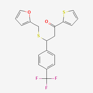 molecular formula C19H15F3O2S2 B2444628 3-(2-呋喃基甲硫基)-1-(2-噻吩基)-3-[4-(三氟甲基)苯基]丙-1-酮 CAS No. 305372-59-2