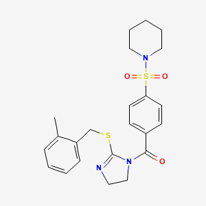 molecular formula C23H27N3O3S2 B2444630 (2-((2-methylbenzyl)thio)-4,5-dihydro-1H-imidazol-1-yl)(4-(piperidin-1-ylsulfonyl)phenyl)methanone CAS No. 862826-91-3