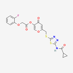molecular formula C20H16FN3O6S2 B2444730 6-(((5-(环丙烷甲酰胺)-1,3,4-噻二唑-2-基)硫代)甲基)-4-氧代-4H-吡喃-3-基 2-(2-氟苯氧基)乙酸酯 CAS No. 896009-48-6