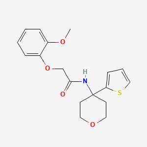molecular formula C18H21NO4S B2444740 2-(2-methoxyphenoxy)-N-(4-(thiophen-2-yl)tetrahydro-2H-pyran-4-yl)acetamide CAS No. 2034244-78-3
