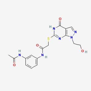 molecular formula C17H18N6O4S B2444766 N-(3-acetamidophenyl)-2-((1-(2-hydroxyethyl)-4-oxo-4,5-dihydro-1H-pyrazolo[3,4-d]pyrimidin-6-yl)thio)acetamide CAS No. 946332-72-5