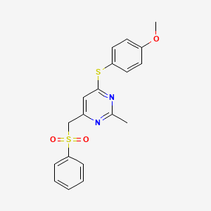 molecular formula C19H18N2O3S2 B2444796 （6-（（4-甲氧基苯基）硫代）-2-甲基-4-嘧啶基）甲基苯基砜 CAS No. 338960-52-4