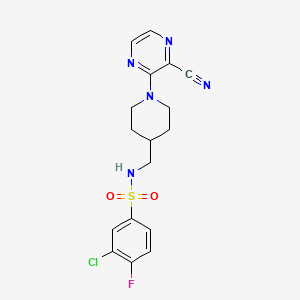 molecular formula C17H17ClFN5O2S B2444817 3-chloro-N-((1-(3-cyanopyrazin-2-yl)piperidin-4-yl)methyl)-4-fluorobenzenesulfonamide CAS No. 1796969-74-8