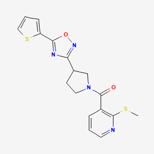 molecular formula C17H16N4O2S2 B2444836 (2-(Methylthio)pyridin-3-yl)(3-(5-(thiophen-2-yl)-1,2,4-oxadiazol-3-yl)pyrrolidin-1-yl)methanone CAS No. 2034554-54-4