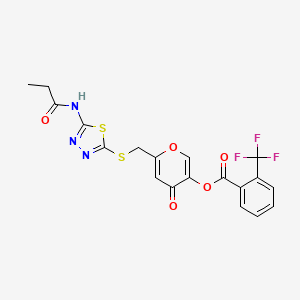 molecular formula C19H14F3N3O5S2 B2444948 4-oxo-6-(((5-propionamido-1,3,4-thiadiazol-2-yl)thio)methyl)-4H-pyran-3-yl 2-(trifluoromethyl)benzoate CAS No. 896006-44-3