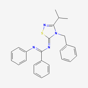 molecular formula C25H24N4S B2444966 N-(4-benzyl-3-propan-2-yl-1,2,4-thiadiazol-5-ylidene)-N'-phenylbenzenecarboximidamide CAS No. 315242-52-5