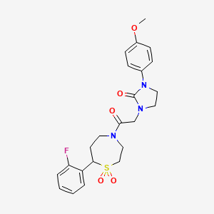 molecular formula C23H26FN3O5S B2445029 1-(2-(7-(2-氟苯基)-1,1-二氧化-1,4-噻吩并氮杂环-4-基)-2-氧代乙基)-3-(4-甲氧基苯基)咪唑烷-2-酮 CAS No. 2309601-56-5