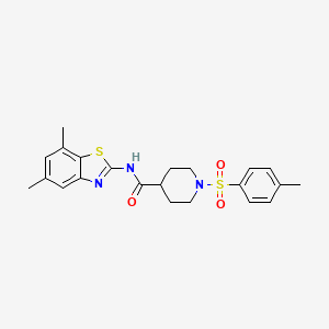 molecular formula C22H25N3O3S2 B2445152 N-(5,7-dimethylbenzo[d]thiazol-2-yl)-1-tosylpiperidine-4-carboxamide CAS No. 941893-16-9