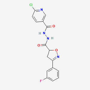 molecular formula C16H12ClFN4O3 B2445167 6-chloro-N'-[3-(3-fluorophenyl)-4,5-dihydro-1,2-oxazole-5-carbonyl]pyridine-3-carbohydrazide CAS No. 1423307-41-8