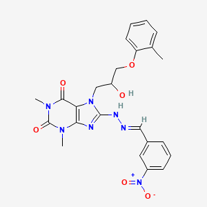 molecular formula C24H25N7O6 B2445328 (E)-7-(2-hydroxy-3-(o-tolyloxy)propyl)-1,3-dimethyl-8-(2-(3-nitrobenzylidene)hydrazinyl)-1H-purine-2,6(3H,7H)-dione CAS No. 375842-59-4