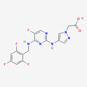 molecular formula C16H12F4N6O2 B2445378 2-{4-[(5-fluoro-4-{[(2,4,6-trifluorophenyl)methyl]imino}-1,4-dihydropyrimidin-2-yl)amino]-1H-pyrazol-1-yl}acetic acid CAS No. 1497203-41-4