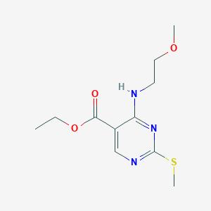 molecular formula C11H17N3O3S B2445428 4-[(2-甲氧基乙基)氨基]-2-(甲硫基)-5-嘧啶甲酸乙酯 CAS No. 76360-91-3
