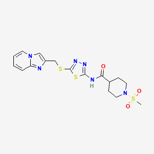 molecular formula C17H20N6O3S3 B2445449 N-(5-((imidazo[1,2-a]pyridin-2-ylmethyl)thio)-1,3,4-thiadiazol-2-yl)-1-(methylsulfonyl)piperidine-4-carboxamide CAS No. 1351611-26-1