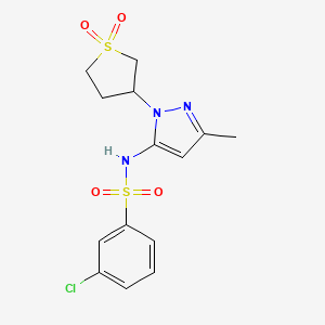 molecular formula C14H16ClN3O4S2 B2445452 3-chloro-N-(1-(1,1-dioxidotetrahydrothiophen-3-yl)-3-methyl-1H-pyrazol-5-yl)benzenesulfonamide CAS No. 1172721-00-4