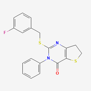molecular formula C19H15FN2OS2 B2445474 2-((3-fluorobenzyl)thio)-3-phenyl-6,7-dihydrothieno[3,2-d]pyrimidin-4(3H)-one CAS No. 686770-84-3