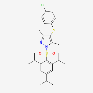 molecular formula C26H33ClN2O2S2 B2445643 4-((4-chlorophenyl)thio)-3,5-dimethyl-1-((2,4,6-triisopropylphenyl)sulfonyl)-1H-pyrazole CAS No. 394236-98-7