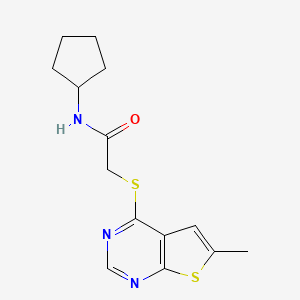 molecular formula C14H17N3OS2 B2445760 N-环戊基-2-(6-甲基-噻吩并[2,3-d]嘧啶-4-基硫代)-乙酰胺 CAS No. 876886-49-6
