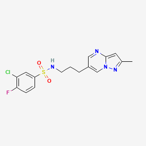 molecular formula C16H16ClFN4O2S B2445783 3-氯-4-氟-N-(3-(2-甲基吡唑并[1,5-a]嘧啶-6-基)丙基)苯磺酰胺 CAS No. 1797862-73-7
