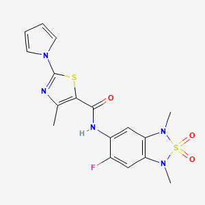 molecular formula C17H16FN5O3S2 B2445805 N-(6-fluoro-1,3-dimethyl-2,2-dioxido-1,3-dihydrobenzo[c][1,2,5]thiadiazol-5-yl)-4-methyl-2-(1H-pyrrol-1-yl)thiazole-5-carboxamide CAS No. 2034260-80-3