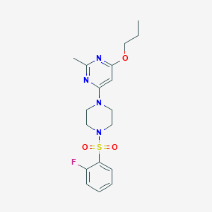 molecular formula C18H23FN4O3S B2445847 4-(4-((2-Fluorophenyl)sulfonyl)piperazin-1-yl)-2-methyl-6-propoxypyrimidine CAS No. 946271-86-9