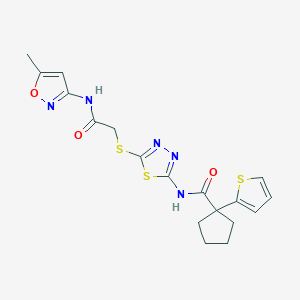 molecular formula C18H19N5O3S3 B2445905 N-(5-((2-((5-methylisoxazol-3-yl)amino)-2-oxoethyl)thio)-1,3,4-thiadiazol-2-yl)-1-(thiophen-2-yl)cyclopentanecarboxamide CAS No. 1219842-51-9