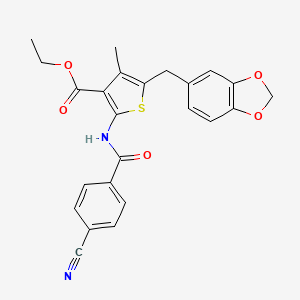molecular formula C24H20N2O5S B2445911 Ethyl 5-(benzo[d][1,3]dioxol-5-ylmethyl)-2-(4-cyanobenzamido)-4-methylthiophene-3-carboxylate CAS No. 476365-68-1