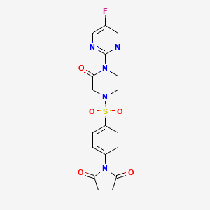 molecular formula C18H16FN5O5S B2445954 1-(4-((4-(5-Fluoropyrimidin-2-yl)-3-oxopiperazin-1-yl)sulfonyl)phenyl)pyrrolidine-2,5-dione CAS No. 2320210-08-8